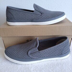 New Sperry Seaside Perforated Leather Varsity Slip On Sneakers in grey